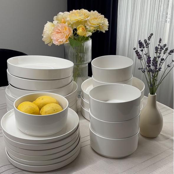 White porcelain dinnerware set styled for a calm and elegant table, highlighting a serene reset for modern hosting in 2026.
