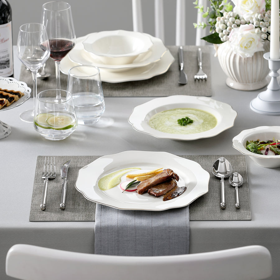 MALACASA Lotus 16 Piece Bone China Dinnerware Set with Gold Trim, Featuring an Exquisite Lotus-Shaped Design. Ensuring Durability and Sophistication. 