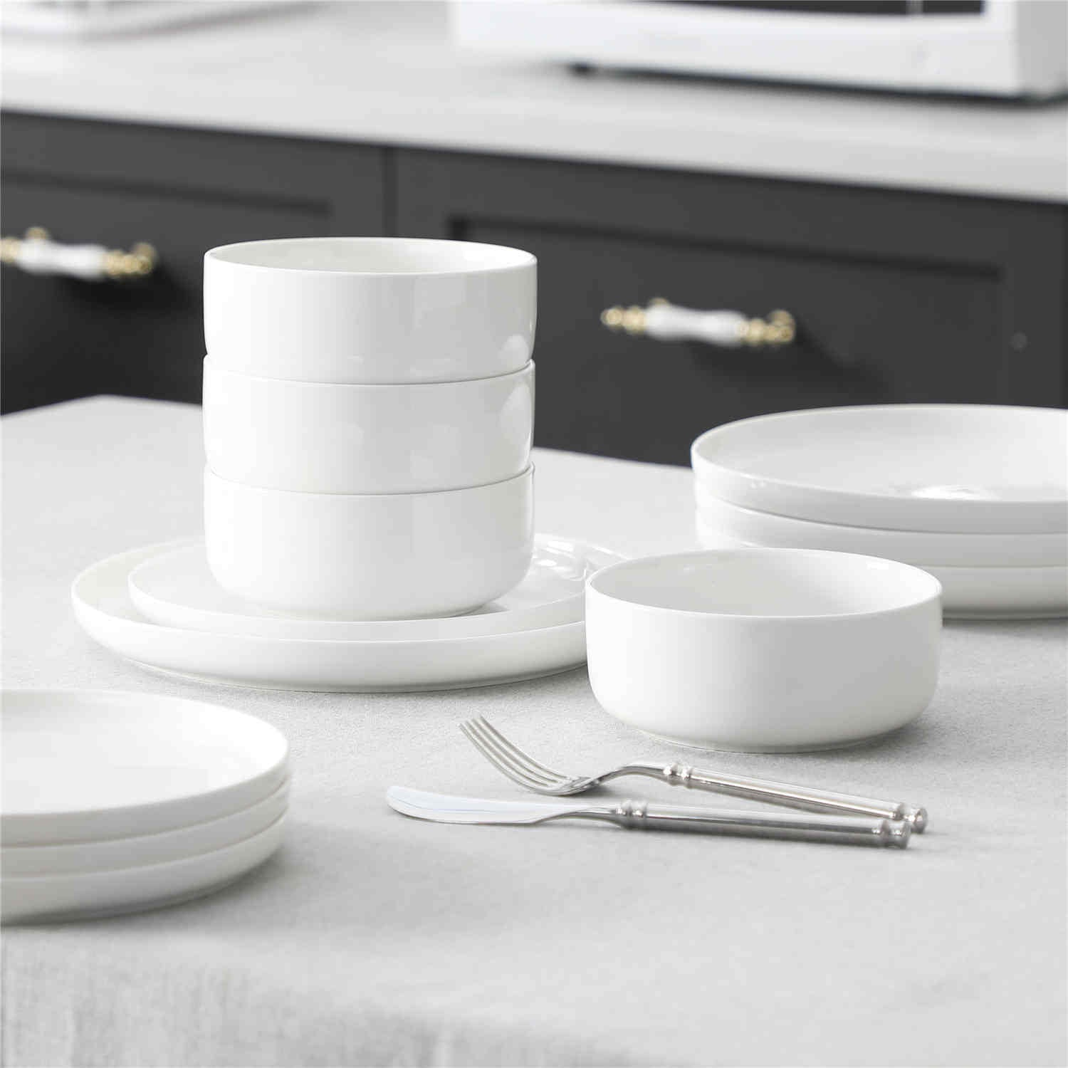 12-Piece Porcelain Set In Ivory White With Sleek Lipped Design, Offering Durability, Practicality, And Timeless Elegance For Modern Dining In 2025.