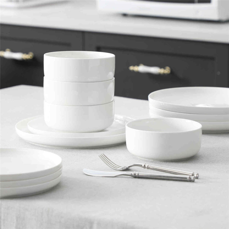12-Piece Porcelain Set In Ivory White With Sleek Lipped Design, Offering Durability, Practicality, And Timeless Elegance For Modern Dining In 2025.