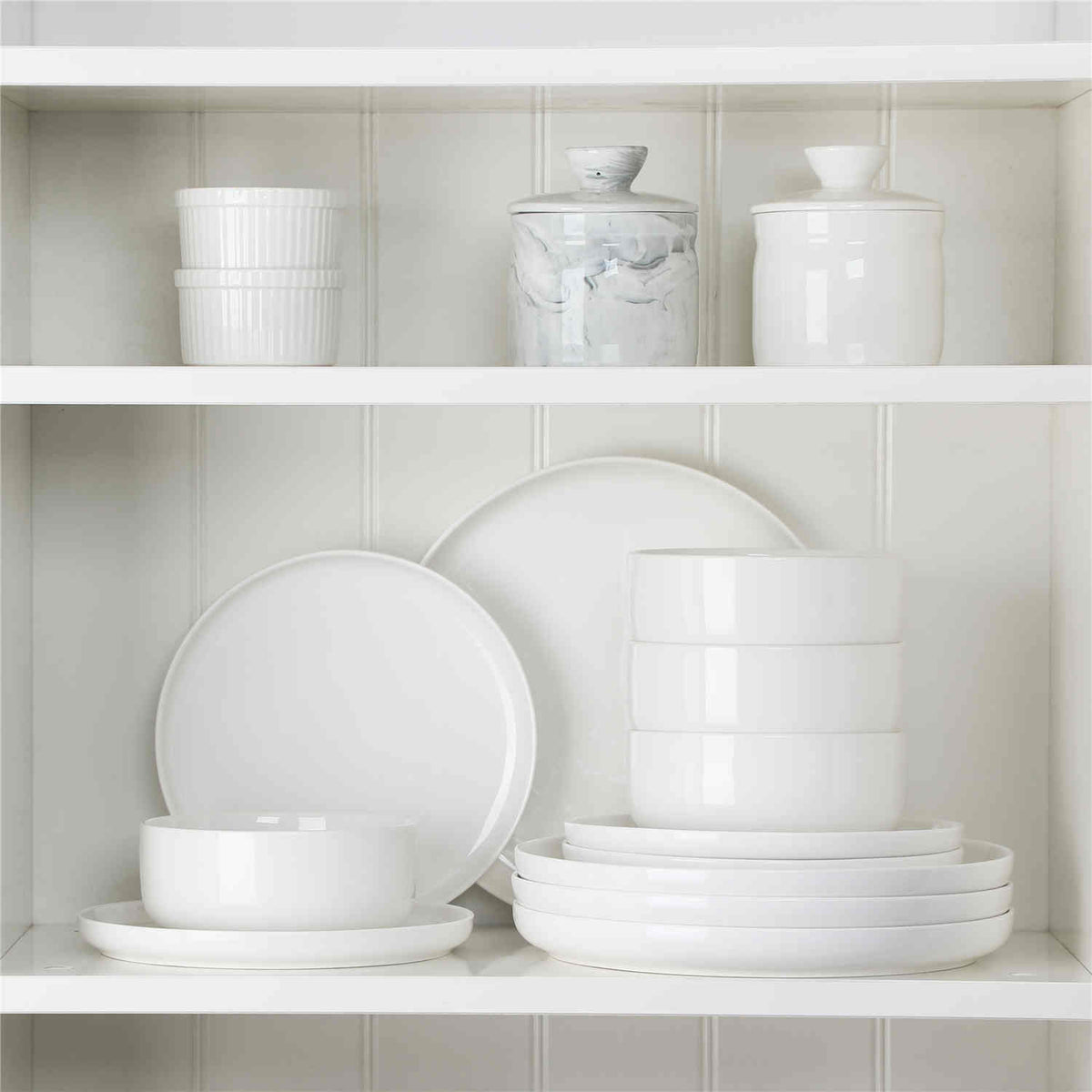 MALACASA Minimalism Ivory White Flat Round Luna 12 Piece Porcelain Dinnerware Set