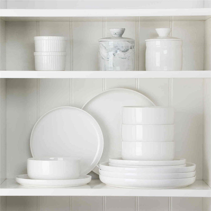MALACASA Minimalism Ivory White Flat Round Luna 12 Piece Porcelain Dinnerware Set