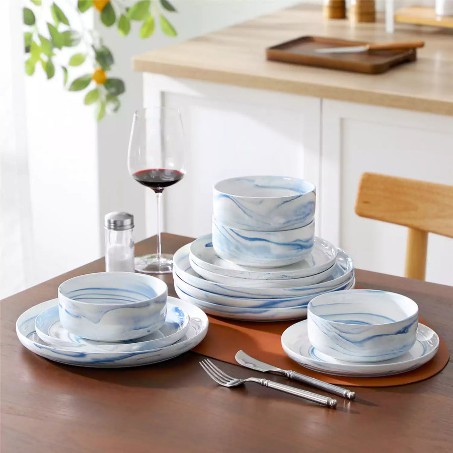Marble Blue 12-Piece Dinnerware Set With Elegant Marble Pattern, Ideal For Everyday Dining.