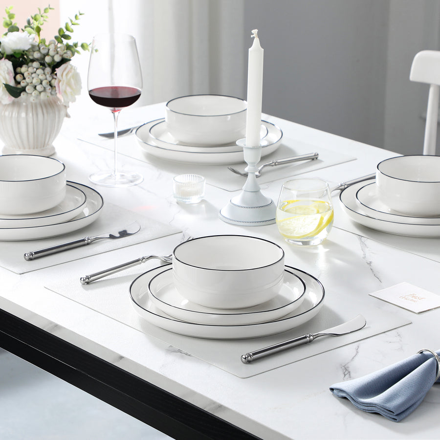 MALACASA Modern Luna 12 Piece Porcelain Dinnerware Set with Black Trim, Showcasing a Modern Lipped Design. it Blends Contemporary Sophistication with Practical Functionality.