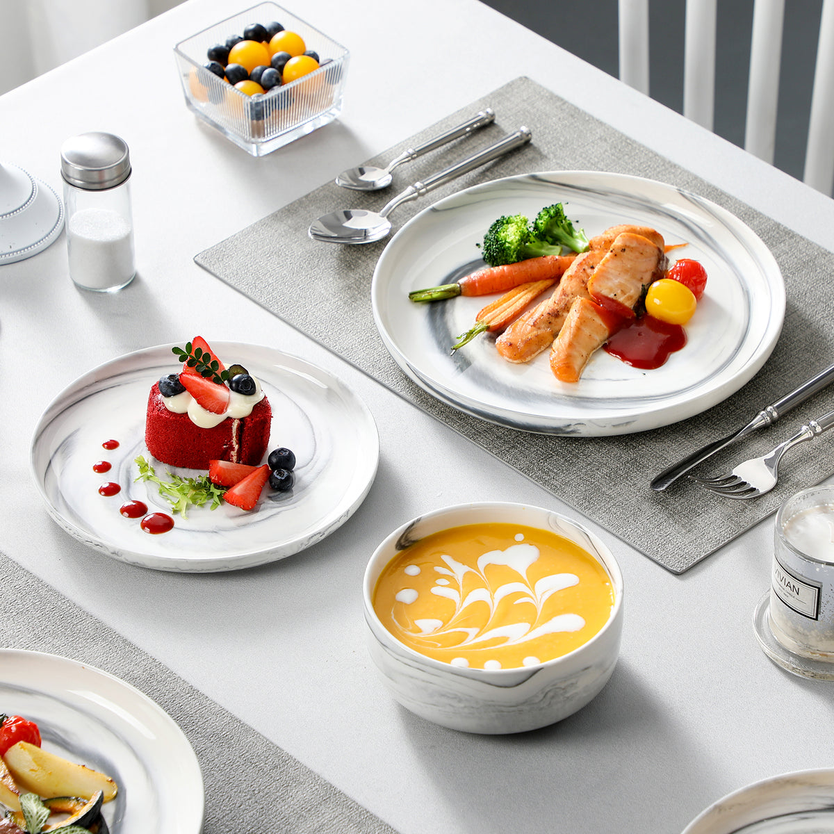 MALACASA Luna 12-Piece Porcelain Dinnerware Set in Marble Grey, with Sleek Llipped Design, Combining Contemporary Style with Timeless Appeal for Everyday Use.