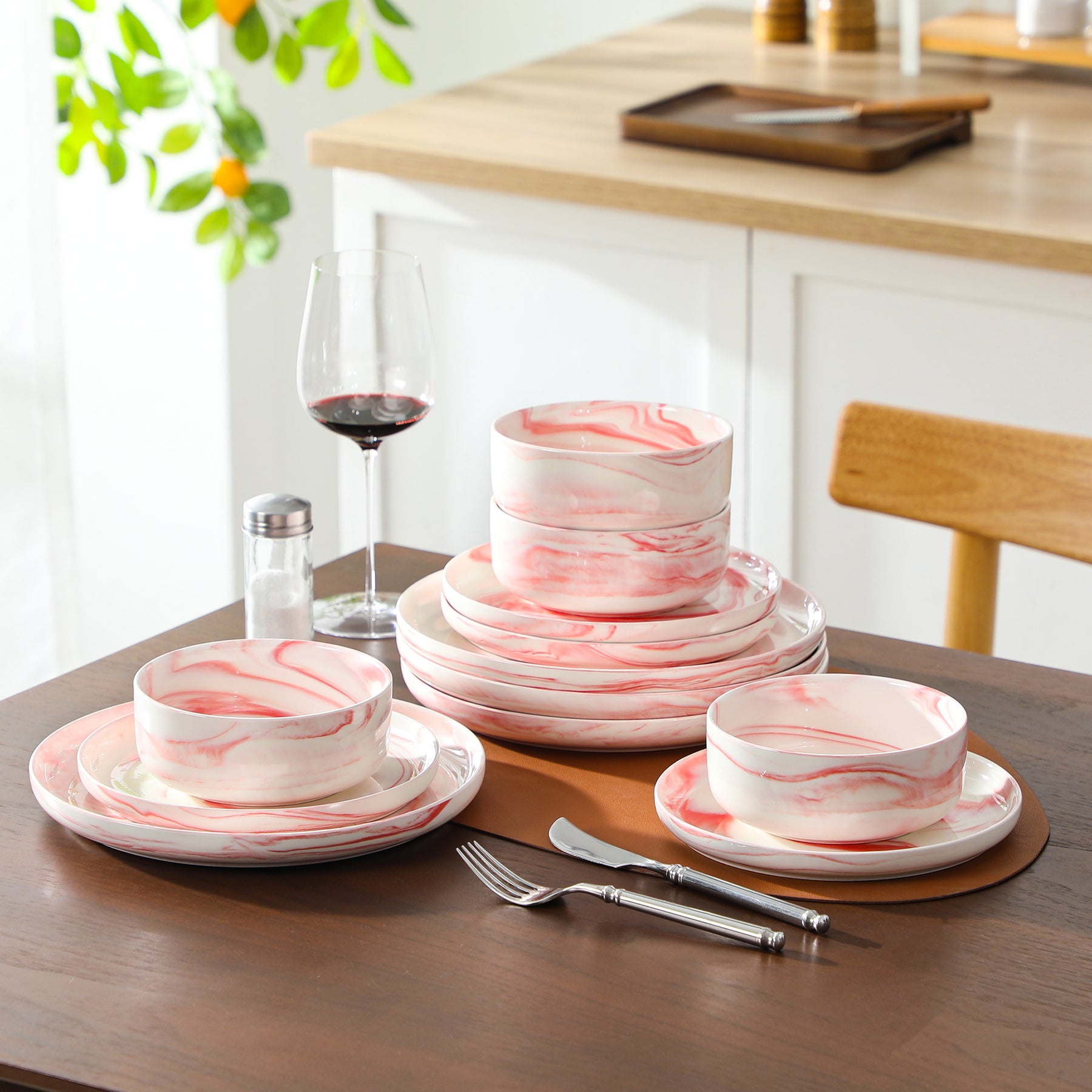 MALACASA Luna Marble Pink 12-Piece Porcelain Dinnerware Set  Include Bowls and Plates, This Set for Four Seamlessly Blends Contemporary Style with Timeless Allure.