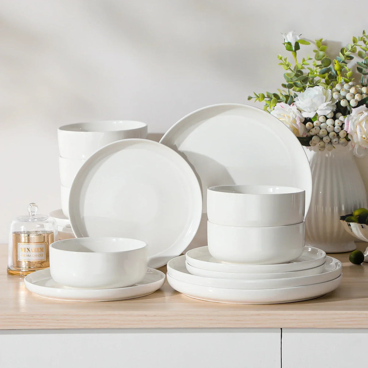 18-Piece Porcelain Set In Ivory White, Combining Durability And Elegance For Sustainable, Luxurious Outdoor Dining Experiences.