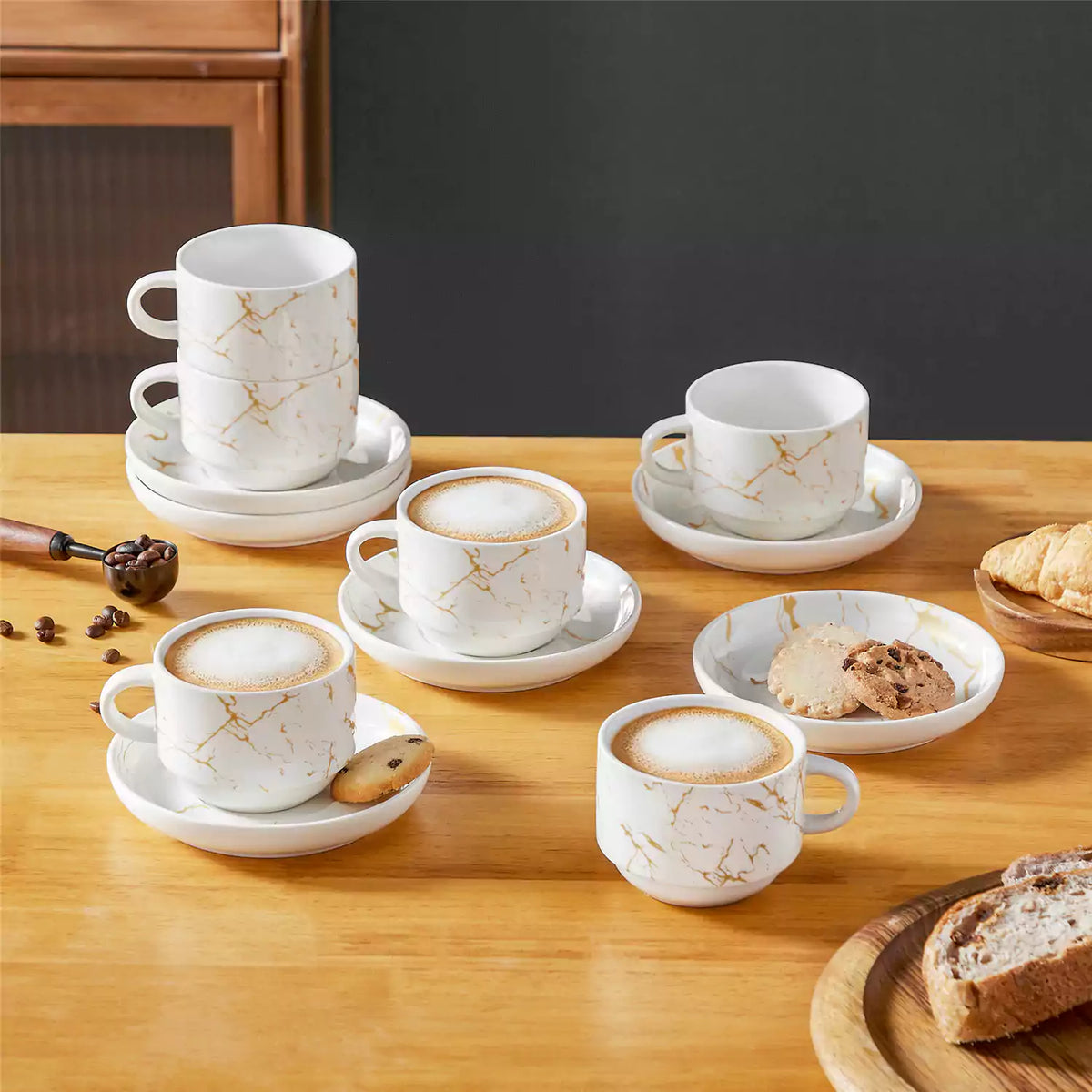 A porcelain tea cup and saucer set on a modern dining table, showcasing elegant table setting for afternoon tea and home entertaining.