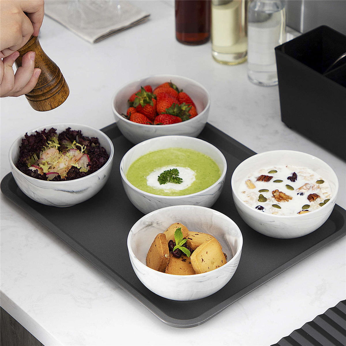 MALACASA Marble Grey Small Porcelain Salad Bowls Set of 8 | 12oz Bowls Perfect for Serving Chilled Soups and Fresh Salads