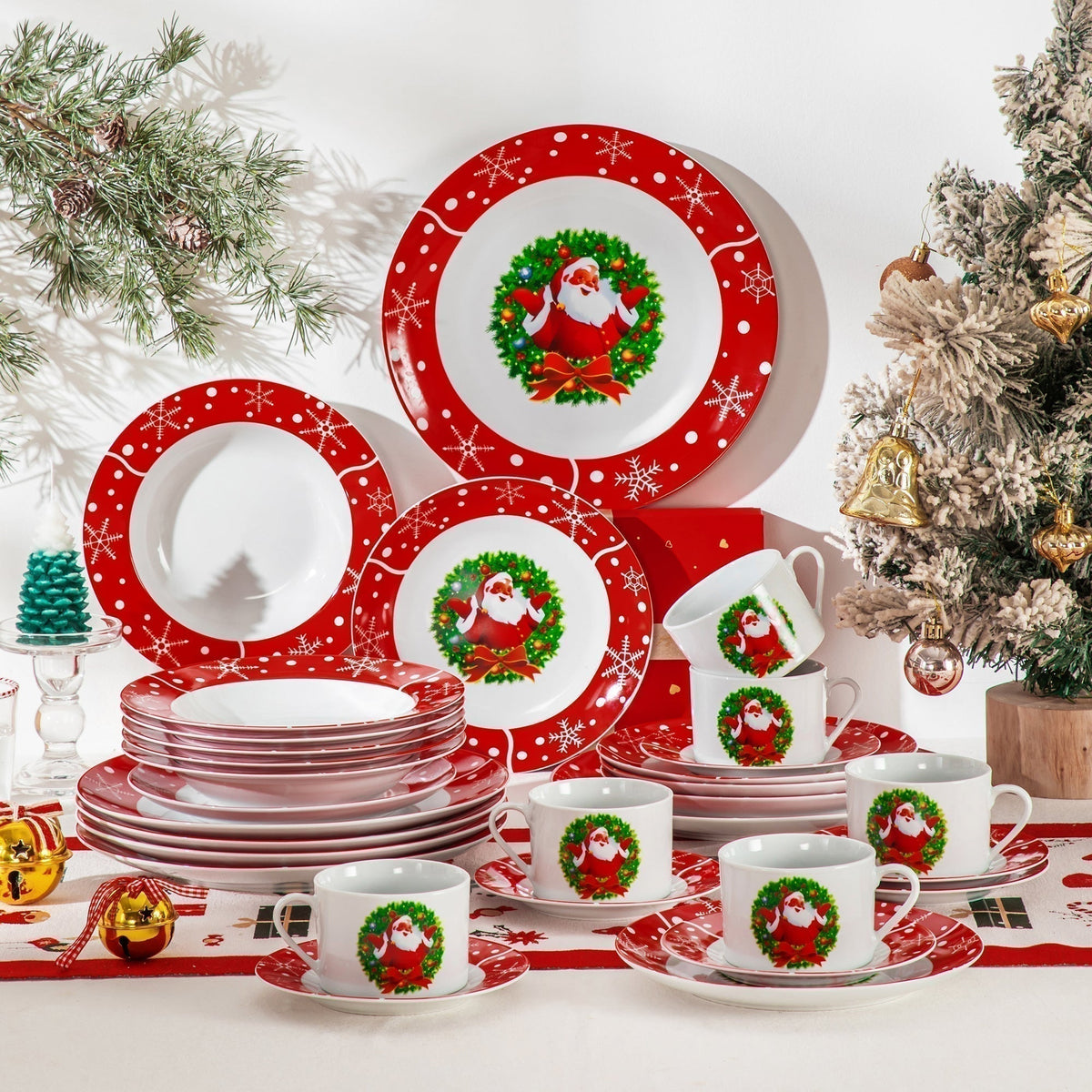 MALACASA Santaclaus 30-Piece Porcelain Dinnerware Set, Complete With Saucers And Cups, Featuring Festive Santa Claus Designs. A Practical And Charming Christmas Gift For Holiday Gatherings.