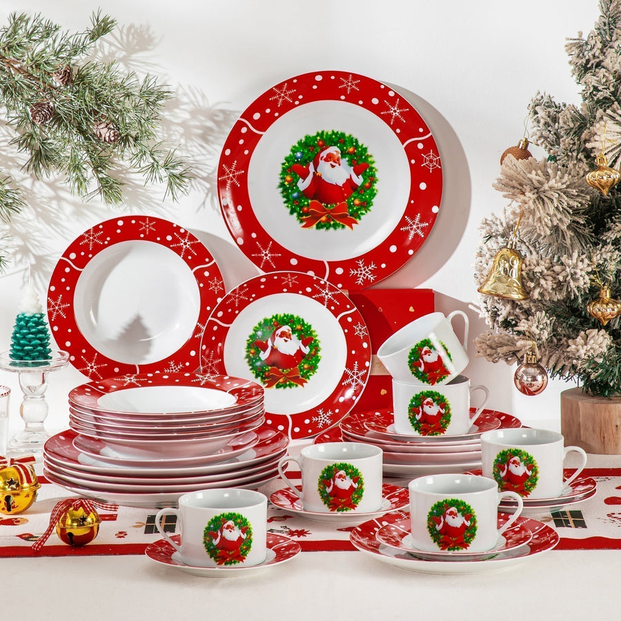 MALACASA Santaclaus 30-Piece Porcelain Dinnerware Set, Complete With Saucers And Cups, Featuring Festive Santa Claus Designs. A Practical And Charming Christmas Gift For Holiday Gatherings.