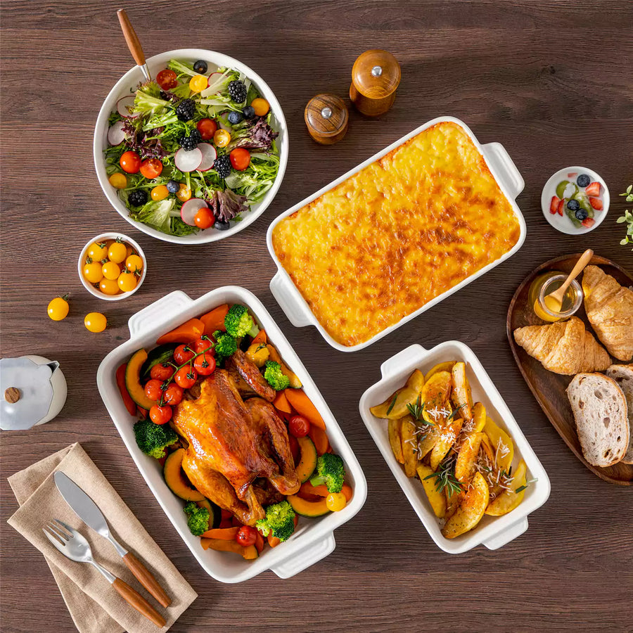Ceramic casserole baking dish covered with foil in the oven, demonstrating when to bake a casserole covered or uncovered for even cooking and a golden, crispy top.