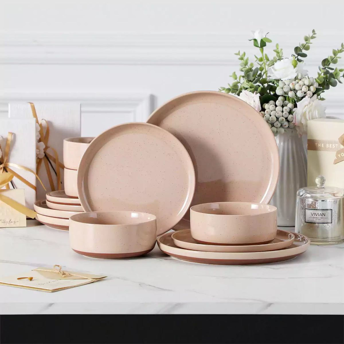 12-Piece Stoneware Set In Pink, Blending Minimalist Elegance With Practical Design For Versatile Everyday And Special Occasion Dining.
