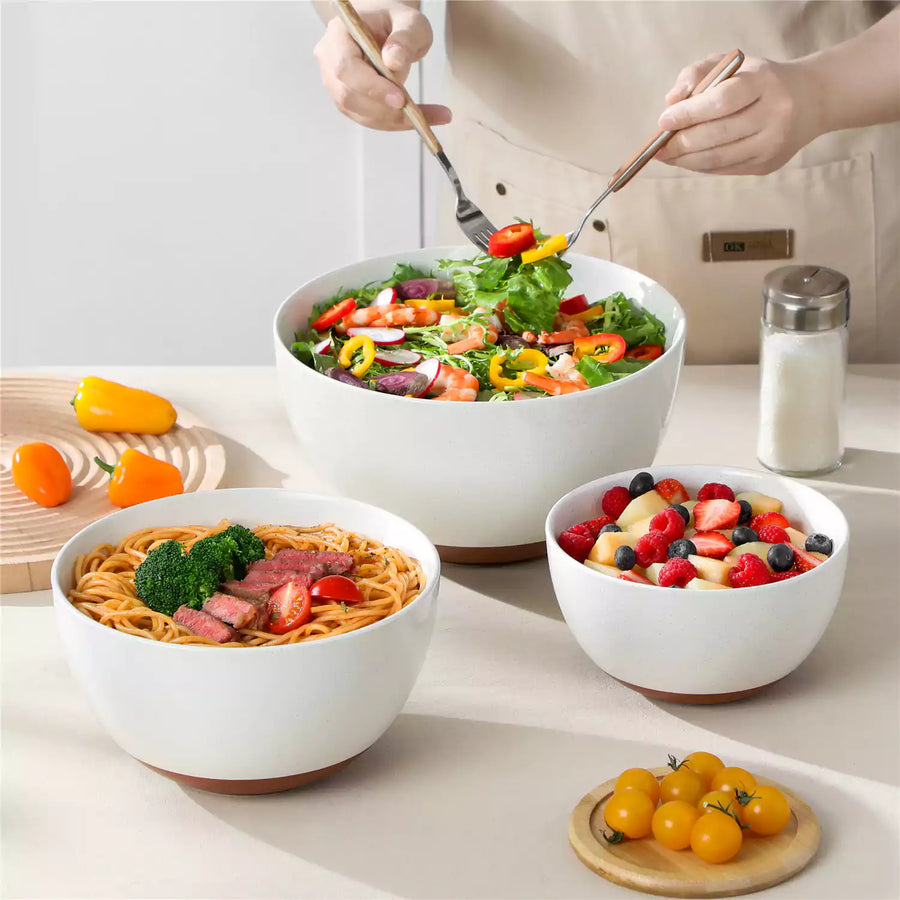 Stoneware Mixing Bowls Set Of 3 With Speckled Glaze And Sturdy Rims, Designed For Efficient Salad Tossing, Mess-Free Prep, And Stylish Everyday Use.