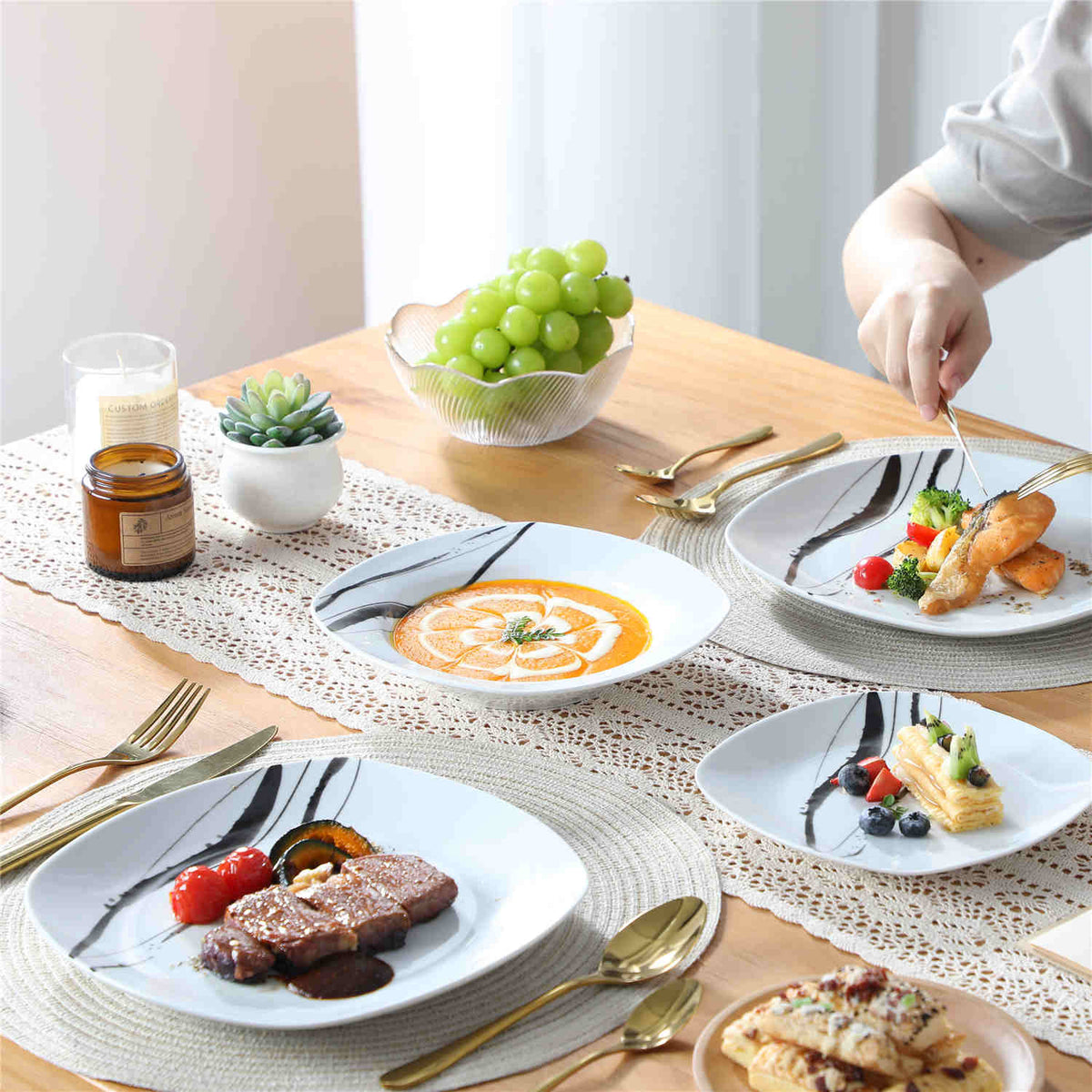 MALACASA Teresa 18-Piece Porcelain Dinnerware Set, Square Design with Ink and Line Pattern, Ideal for Stylish Dining and Special Occasions.