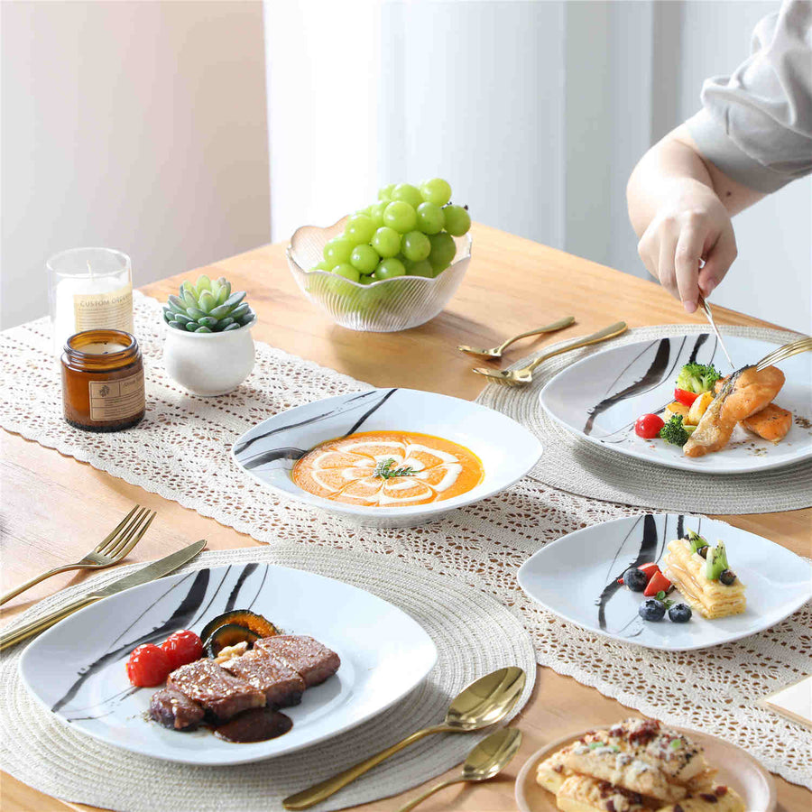 MALACASA Teresa 18-Piece Porcelain Dinnerware Set, Square Design with Ink and Line Pattern, Ideal for Stylish Dining and Special Occasions.