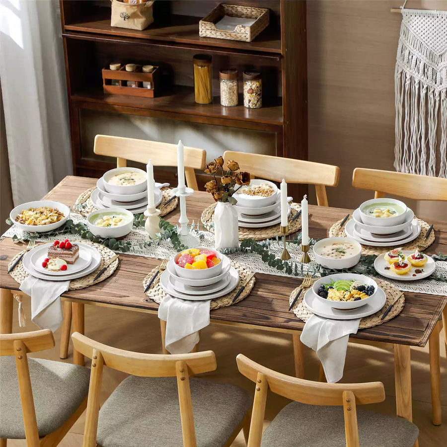 Dinnerware sets for 8 featuring dinner plates, salad plates, cereal bowls, and pasta bowls arranged for everyday meals and easy hosting