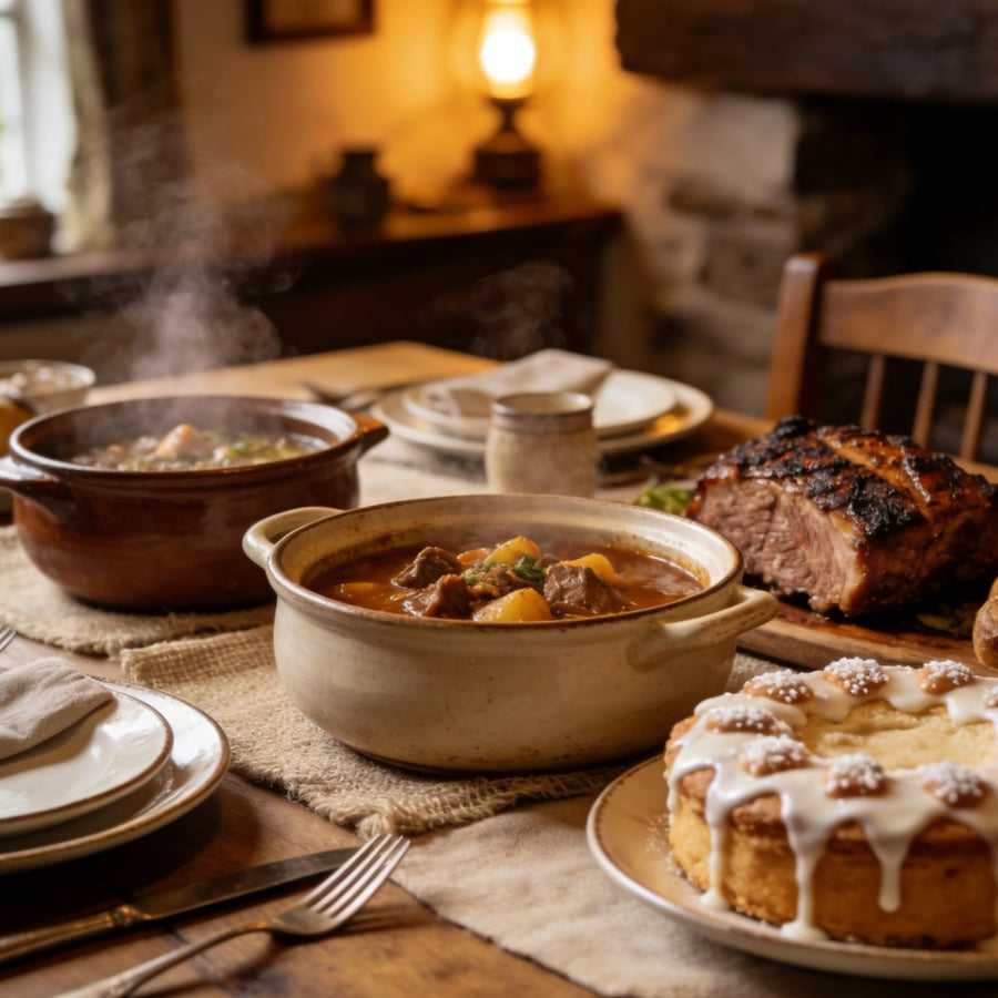 A rustic stoneware dinnerware table setting for an Irish cottage dinner, featuring hearty food, warm lighting, and a cozy storytelling atmosphere.