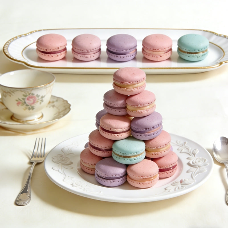 Macaron plating ideas featuring linear and pyramid arrangements styled on elegant white dessert plates for a refined dessert table presentation.