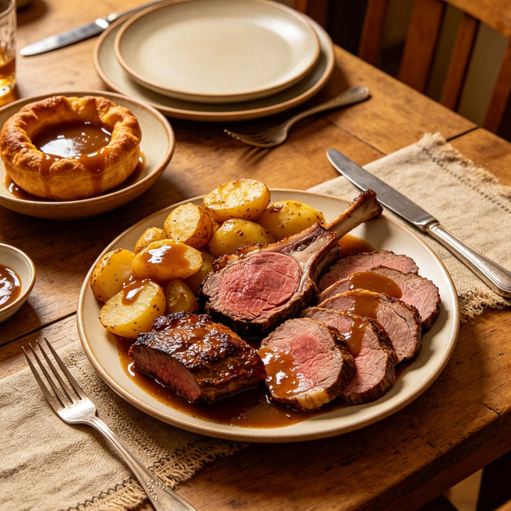 Sunday roast table setting with white dinner plates, roast beef, Yorkshire pudding and traditional British family dining setup