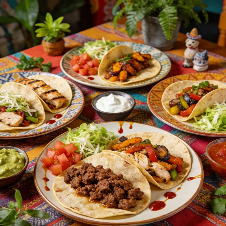 A colorful Taco Tuesday table setup with tacos, toppings, and modern white dinnerware, perfect for a festive taco night
