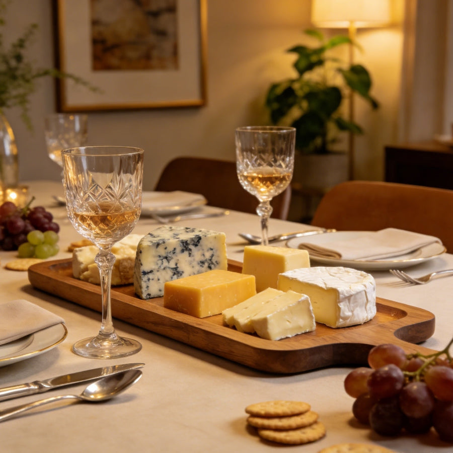 Modern charcuterie platter styled for a wine and cheese night with serving plates, porcelain dishes, fruits, and cheese arranged elegantly for entertaining at home