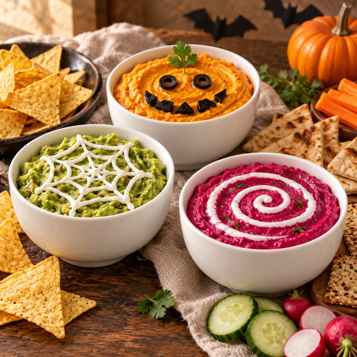 Three Halloween dips in ivory-white bowls: spiderweb guacamole, pumpkin hummus with an olive face, and beet yogurt dip with a white spiral.