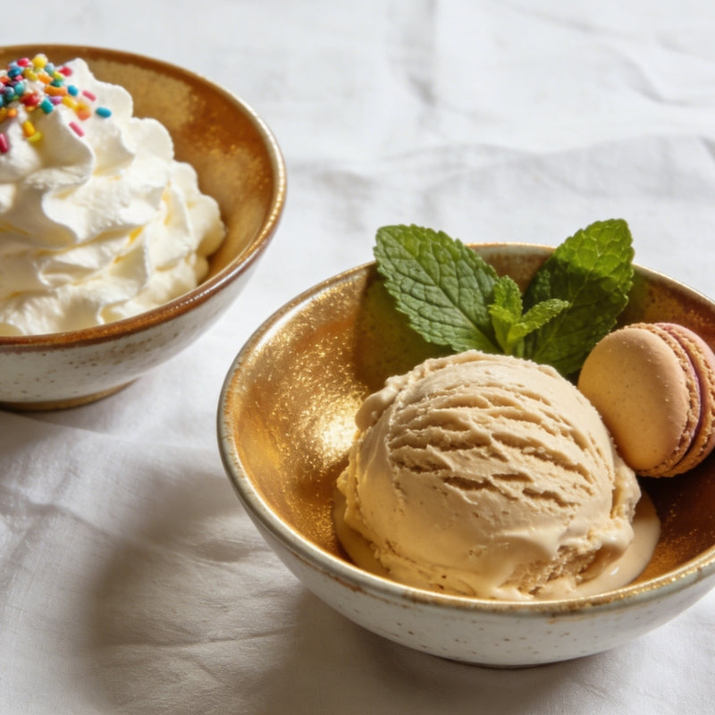 Ice cream vs gelato served in stoneware dessert bowls, showcasing modern dinnerware designed to keep frozen desserts colder longer.