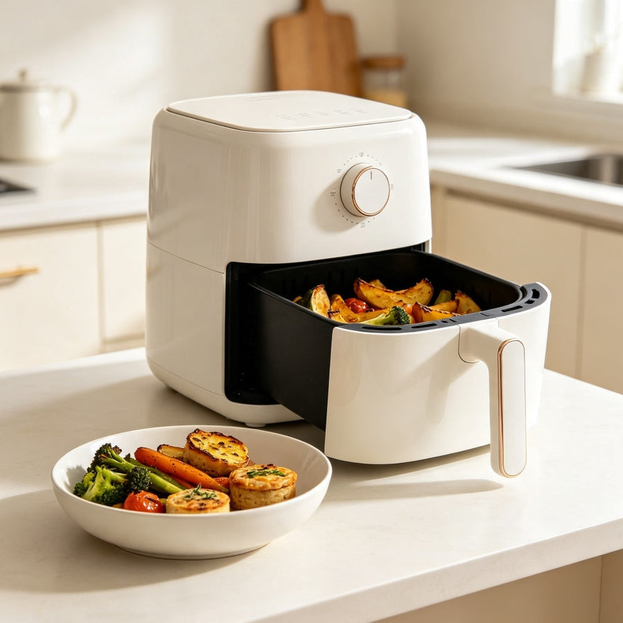 Oven-safe ceramic bowl placed inside an air fryer basket for safe cooking