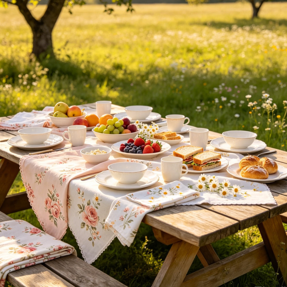 English country picnic table setting with white porcelain dinnerware and floral tablecloth, styled with fresh flowers in an outdoor garden scene