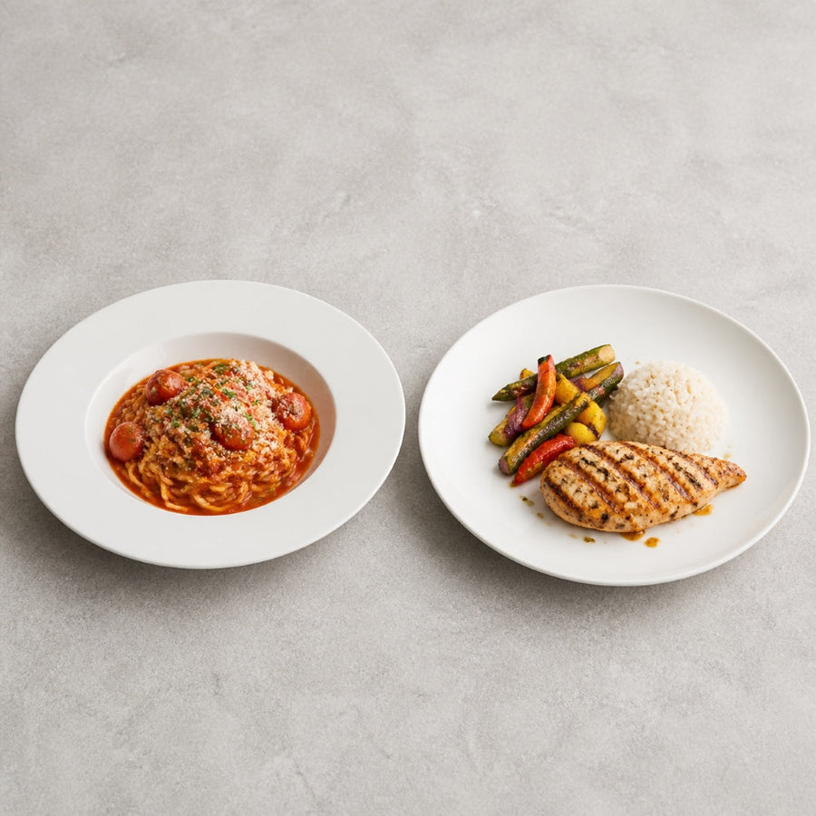 Side-by-side comparison of a rimmed dinner plate and a coupe dinner plate, showing the difference in rim design and usable eating surface.