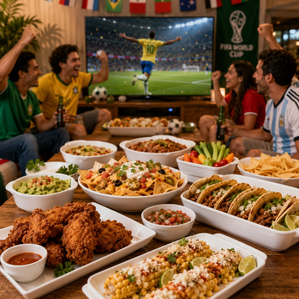 World Cup watch party recipes featuring birria tacos, Korean fried chicken, buffalo cauliflower wings, esquites, and porcelain serving bowls for easy game-day entertaining.