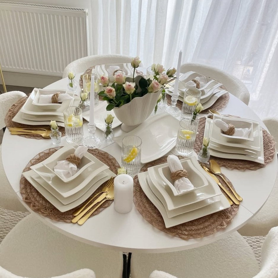 Airbnb dinnerware checklist for a six-person stay, covering quantities, porcelain, stoneware and bone china options, storage, and replacements.