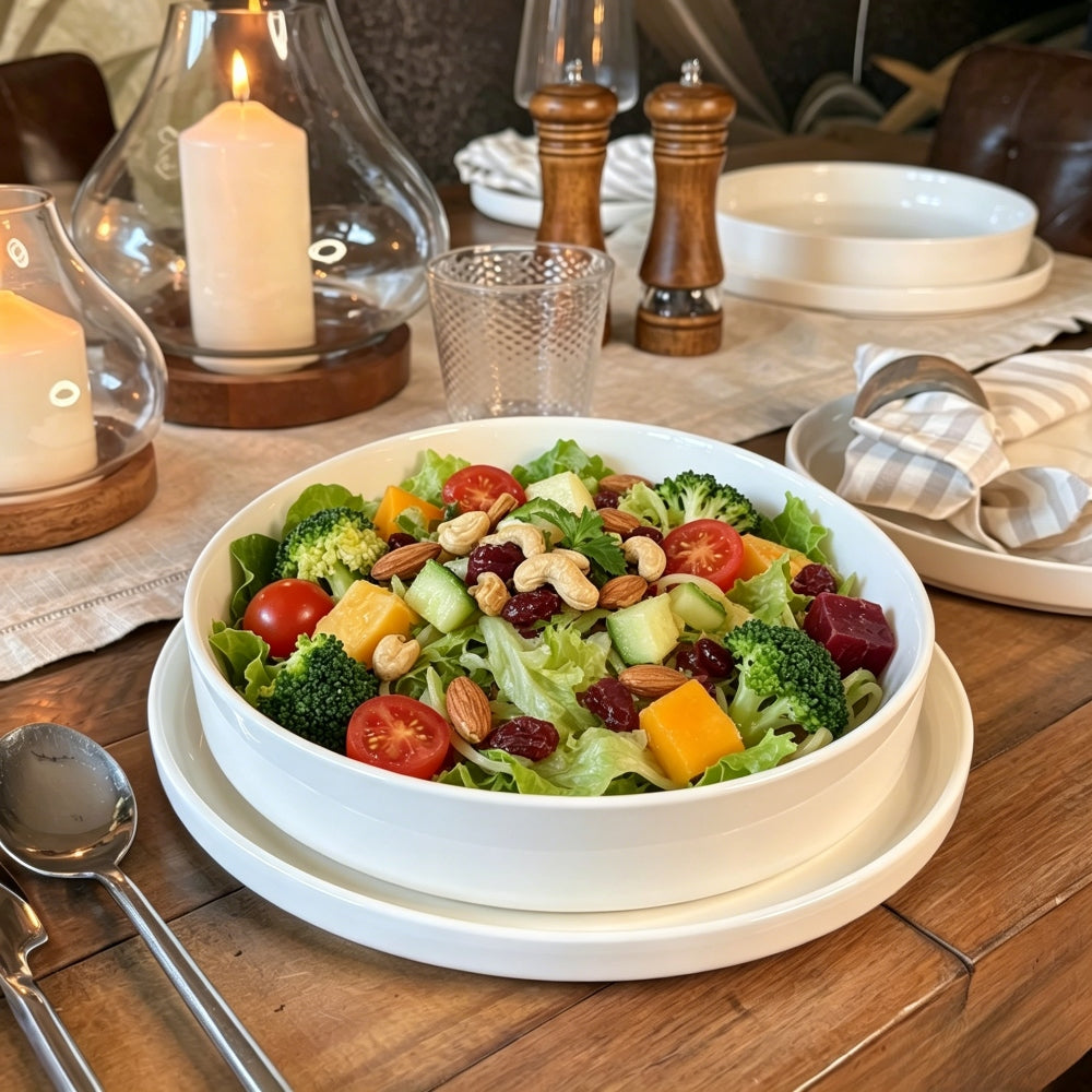 Wide pasta bowls used for big salads, showing evenly mixed ingredients in a shallow bowl for better serving and presentation
