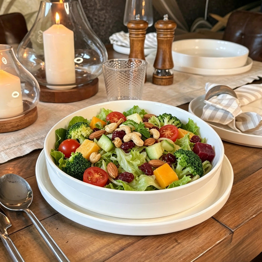 Wide pasta bowls used for big salads, showing evenly mixed ingredients in a shallow bowl for better serving and presentation
