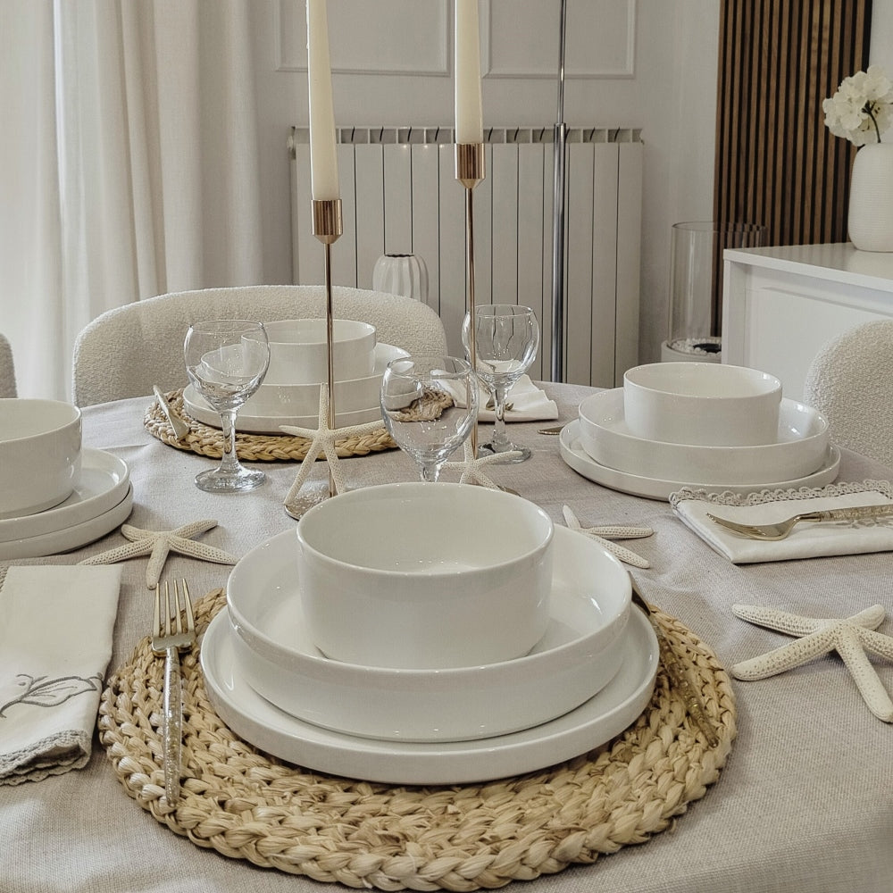 White dinnerware set with balanced healthy food portions, colorful vegetables, and meal prep styling for mindful eating and portion control