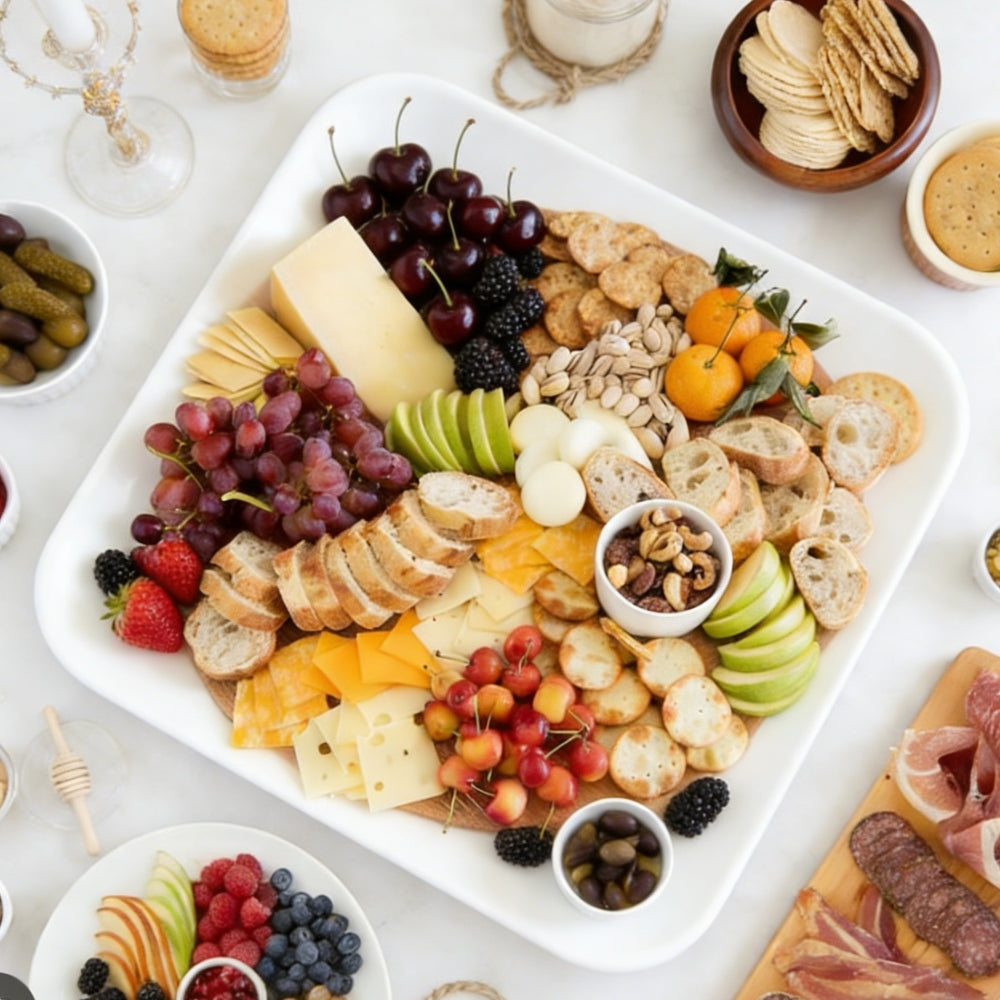 How to create a hygienic and elegant cheese board using porcelain dinnerware, white plates, and square serving dishes for a balanced presentation.