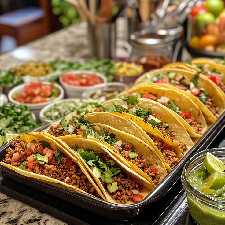 A taco bar tray of ground beef tacos with fresh toppings, surrounded by bowls of salsa, guacamole, and lime