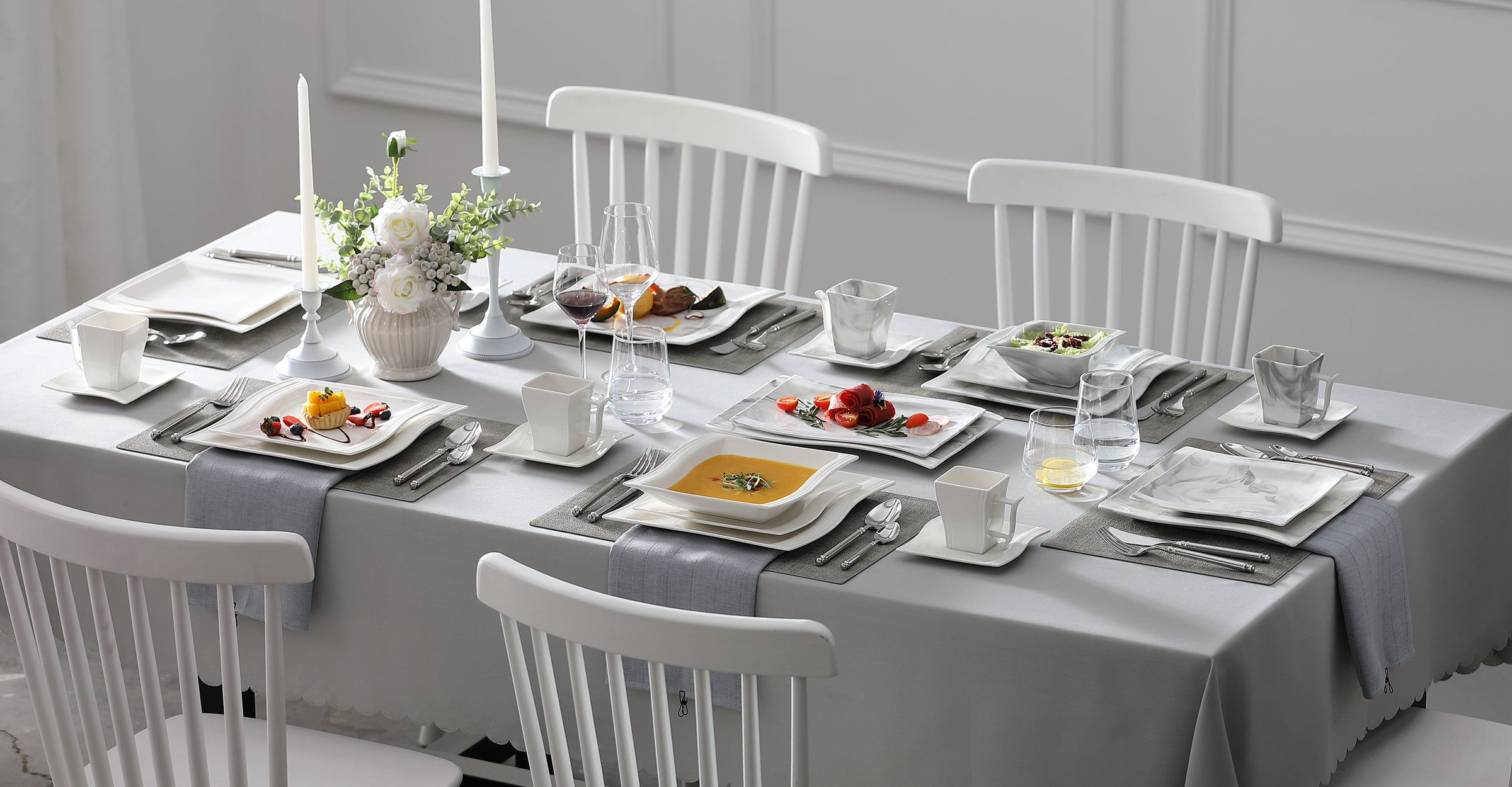 MALACASA Flora dinnerware collection featuring elegant wavy-edge design, ideal for everyday use and for spcial occasions