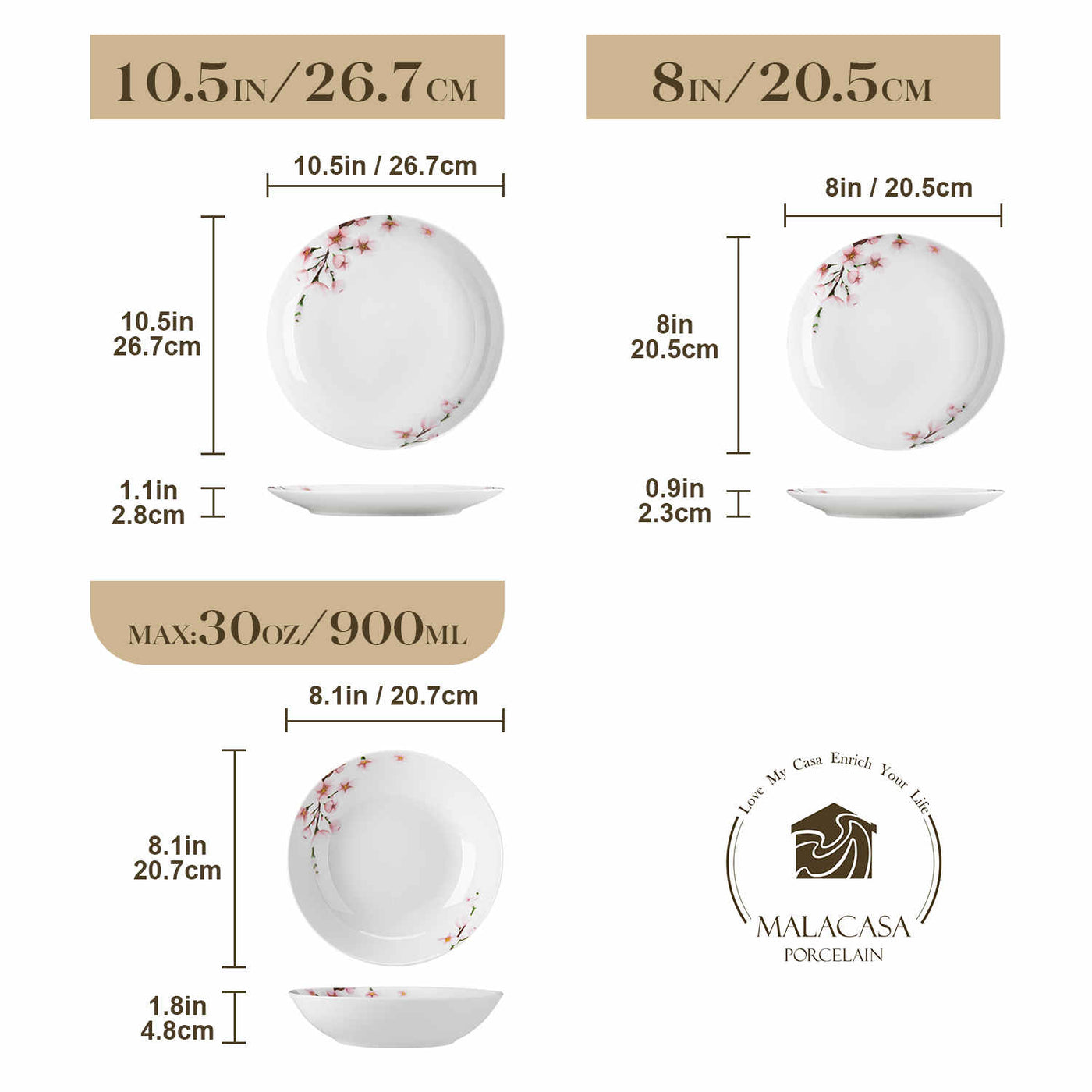 MALACASA Annie Round-18 Piece Dinnerware Set - For Six, Featuring Rounded Design with Cherry Blossom Pattern. Includes Plates and Bowls.