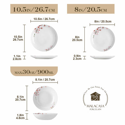 MALACASA Annie Round-18 Piece Dinnerware Set - For Six, Featuring Rounded Design with Cherry Blossom Pattern. Includes Plates and Bowls.