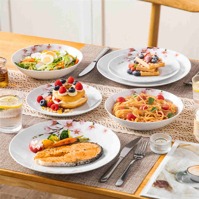 MALACASA Annie Round-18 Piece Dinnerware Set - For Six, Featuring Rounded Design with Cherry Blossom Pattern. Includes Plates and Bowls.