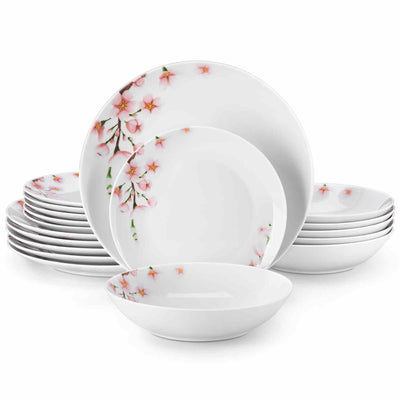 MALACASA Annie Round-18 Piece Dinnerware Set - For Six, Featuring Rounded Design with Cherry Blossom Pattern. Includes Plates and Bowls.