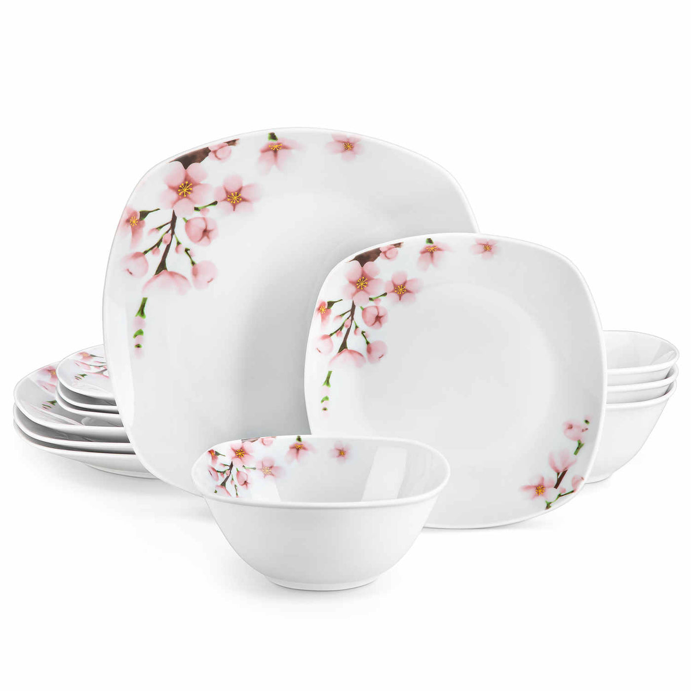 MALACASA Annie-12 Piece Porcelain Dinnerware Set - For Four, Featuring Rounded Square Design with Cherry Blossom Pattern. Includes Plates and Bowls.