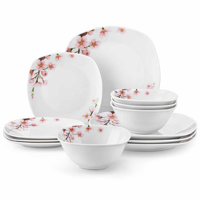 MALACASA Annie-12 Piece Porcelain Dinnerware Set - For Four, Featuring Rounded Square Design with Cherry Blossom Pattern. Includes Plates and Bowls.