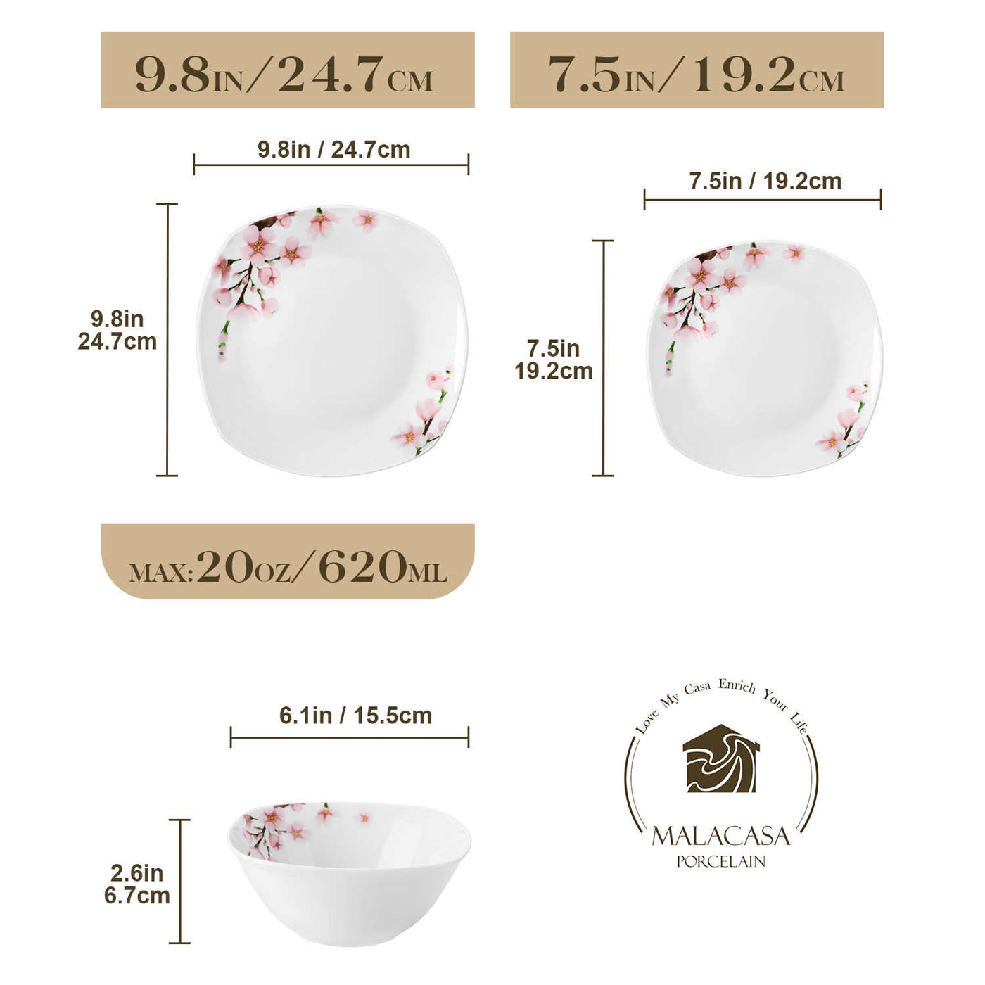 MALACASA Annie-12 Piece Porcelain Dinnerware Set - For Four, Featuring Rounded Square Design with Cherry Blossom Pattern. Includes Plates and Bowls.