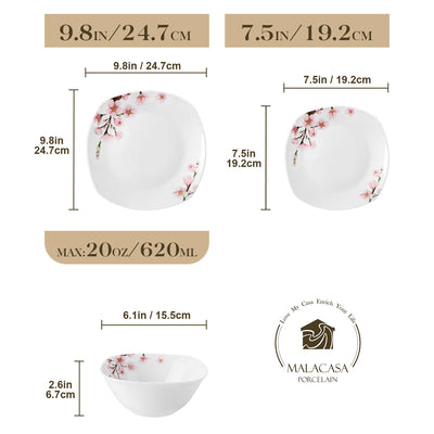 MALACASA Annie-12 Piece Porcelain Dinnerware Set - For Four, Featuring Rounded Square Design with Cherry Blossom Pattern. Includes Plates and Bowls.