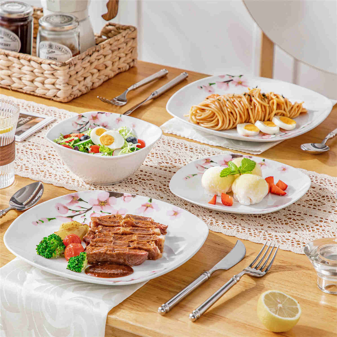 MALACASA Annie-12 Piece Porcelain Dinnerware Set - For Four, Featuring Rounded Square Design with Cherry Blossom Pattern. Includes Plates and Bowls.
