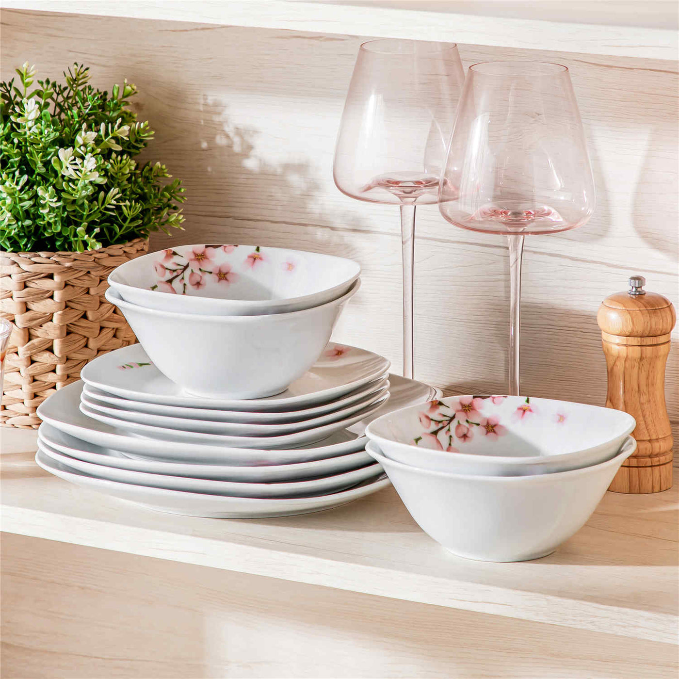 MALACASA Annie-12 Piece Porcelain Dinnerware Set - For Four, Featuring Rounded Square Design with Cherry Blossom Pattern. Includes Plates and Bowls.