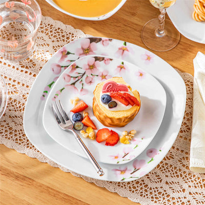 MALACASA Annie-12 Piece Porcelain Dinnerware Set - For Four, Featuring Rounded Square Design with Cherry Blossom Pattern. Includes Plates and Bowls.